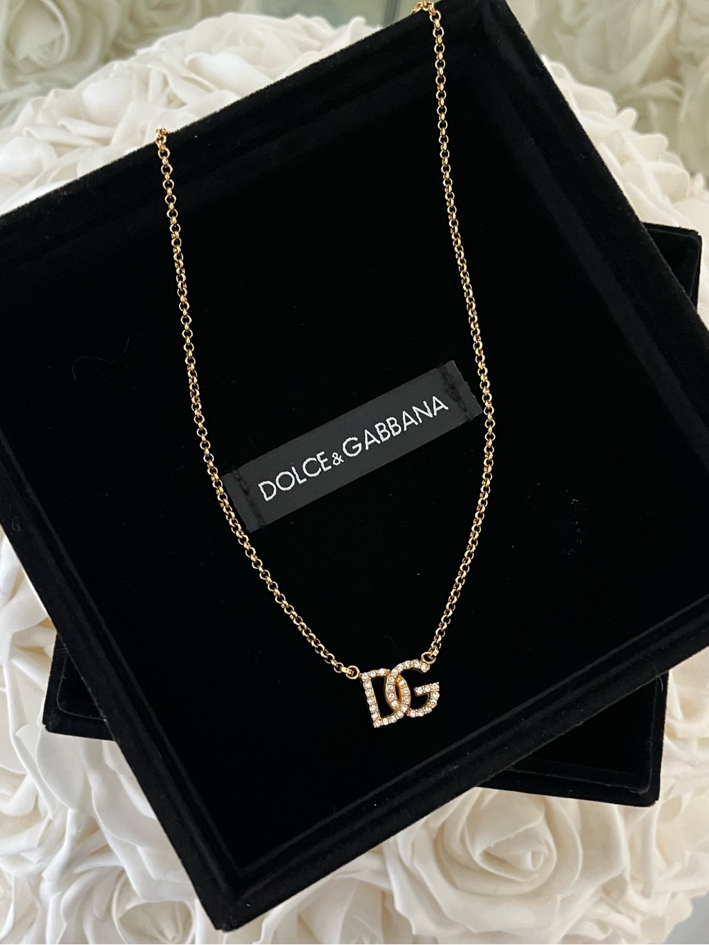 Dolce & Gabbana Gold Dg Crystal Embellised Pendant Necklace Authentic New In Box